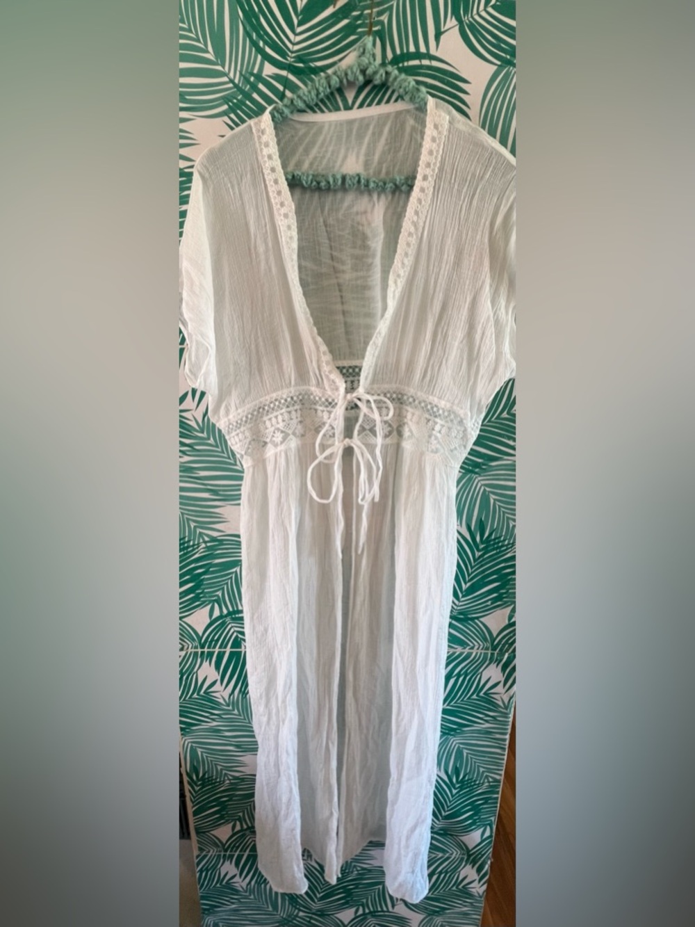 Boho Maxi Cover-Up Dress kimono white w/ lace detail one size